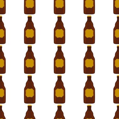 Bira fabrikası için kapaklı dikişsiz bira şişeleri üzerine resim. Beyaz arka planda birbirinin aynı cam şişelerden oluşan patern birası. Cam şişeler bira gurmesi için ana aksesuar..