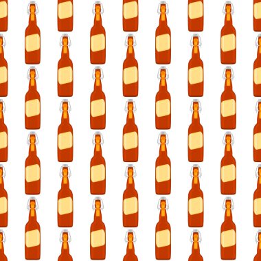 Bira fabrikası için kapaklı dikişsiz bira şişeleri üzerine resim. Beyaz arka planda birbirinin aynı cam şişelerden oluşan patern birası. Cam şişeler bira gurmesi için ana aksesuar..