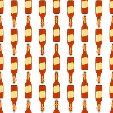 Bira fabrikası için kapaklı dikişsiz bira şişeleri üzerine resim. Beyaz arka planda birbirinin aynı cam şişelerden oluşan patern birası. Cam şişeler bira gurmesi için ana aksesuar..