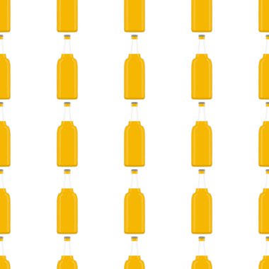 Bira fabrikası için kapaklı dikişsiz bira şişeleri üzerine resim. Beyaz arka planda birbirinin aynı cam şişelerden oluşan patern birası. Cam şişeler bira gurmesi için ana aksesuar..