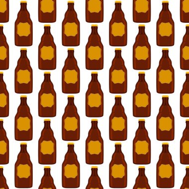 Bira fabrikası için kapaklı dikişsiz bira şişeleri üzerine resim. Beyaz arka planda birbirinin aynı cam şişelerden oluşan patern birası. Cam şişeler bira gurmesi için ana aksesuar..