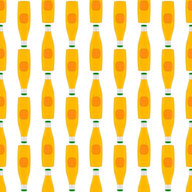 Bira fabrikası için kapaklı dikişsiz bira şişeleri üzerine resim. Beyaz arka planda birbirinin aynı cam şişelerden oluşan patern birası. Cam şişeler bira gurmesi için ana aksesuar..