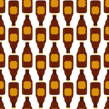 Bira fabrikası için kapaklı dikişsiz bira şişeleri üzerine resim. Beyaz arka planda birbirinin aynı cam şişelerden oluşan patern birası. Cam şişeler bira gurmesi için ana aksesuar..