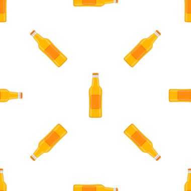 Bira fabrikası için kapaklı dikişsiz bira şişeleri üzerine resim. Beyaz arka planda birbirinin aynı cam şişelerden oluşan patern birası. Cam şişeler bira gurmesi için ana aksesuar..