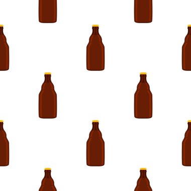 Bira fabrikası için kapaklı dikişsiz bira şişeleri üzerine resim. Beyaz arka planda birbirinin aynı cam şişelerden oluşan patern birası. Cam şişeler bira gurmesi için ana aksesuar..