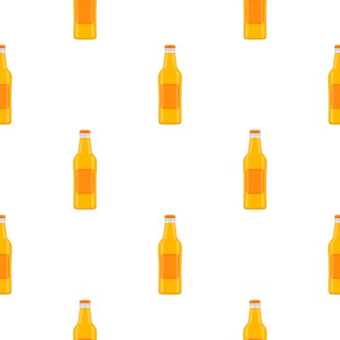 Bira fabrikası için kapaklı dikişsiz bira şişeleri üzerine resim. Beyaz arka planda birbirinin aynı cam şişelerden oluşan patern birası. Cam şişeler bira gurmesi için ana aksesuar..