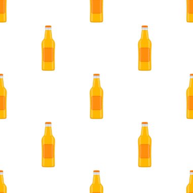 Bira fabrikası için kapaklı dikişsiz bira şişeleri üzerine resim. Beyaz arka planda birbirinin aynı cam şişelerden oluşan patern birası. Cam şişeler bira gurmesi için ana aksesuar..