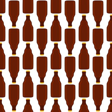 Bira fabrikası için kapaklı dikişsiz bira şişeleri üzerine resim. Beyaz arka planda birbirinin aynı cam şişelerden oluşan patern birası. Cam şişeler bira gurmesi için ana aksesuar..