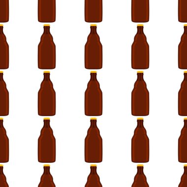 Bira fabrikası için kapaklı dikişsiz bira şişeleri üzerine resim. Beyaz arka planda birbirinin aynı cam şişelerden oluşan patern birası. Cam şişeler bira gurmesi için ana aksesuar..