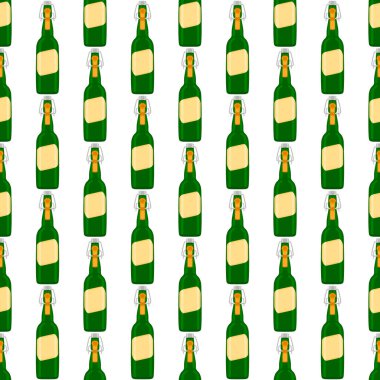 Bira fabrikası için kapaklı dikişsiz bira şişeleri üzerine resim. Beyaz arka planda birbirinin aynı cam şişelerden oluşan patern birası. Cam şişeler bira gurmesi için ana aksesuar..