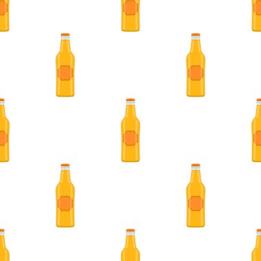 Bira fabrikası için kapaklı dikişsiz bira şişeleri üzerine resim. Beyaz arka planda birbirinin aynı cam şişelerden oluşan patern birası. Cam şişeler bira gurmesi için ana aksesuar..