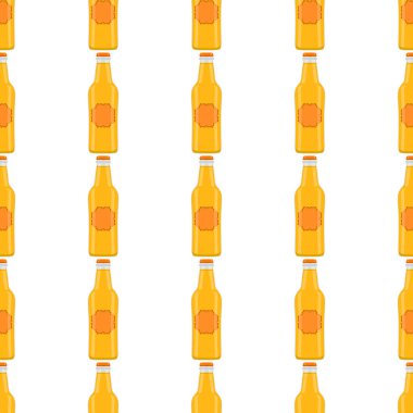 Bira fabrikası için kapaklı dikişsiz bira şişeleri üzerine resim. Beyaz arka planda birbirinin aynı cam şişelerden oluşan patern birası. Cam şişeler bira gurmesi için ana aksesuar..