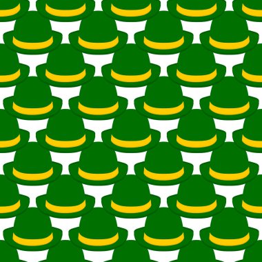 İrlanda bayramı temalı Aziz Patrick Günü 'nün tasviri, kusursuz başlıklı şapkalar. Beyaz arka planda pek çok benzer şapkadan oluşan Aziz Patrick Günü deseni. Aziz Patrick Günü 'nün ana aksesuarı..