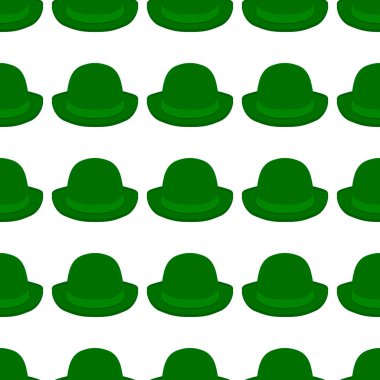 İrlanda bayramı temalı Aziz Patrick Günü 'nün tasviri, kusursuz başlıklı şapkalar. Beyaz arka planda pek çok benzer şapkadan oluşan Aziz Patrick Günü deseni. Aziz Patrick Günü 'nün ana aksesuarı..