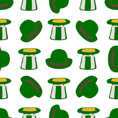 İrlanda bayramı temalı Aziz Patrick Günü 'nün tasviri, kusursuz başlıklı şapkalar. Beyaz arka planda pek çok benzer şapkadan oluşan Aziz Patrick Günü deseni. Aziz Patrick Günü 'nün ana aksesuarı..