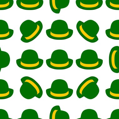 İrlanda bayramı temalı Aziz Patrick Günü 'nün tasviri, kusursuz başlıklı şapkalar. Beyaz arka planda pek çok benzer şapkadan oluşan Aziz Patrick Günü deseni. Aziz Patrick Günü 'nün ana aksesuarı..