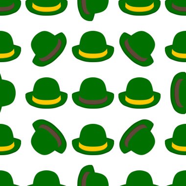 İrlanda bayramı temalı Aziz Patrick Günü 'nün tasviri, kusursuz başlıklı şapkalar. Beyaz arka planda pek çok benzer şapkadan oluşan Aziz Patrick Günü deseni. Aziz Patrick Günü 'nün ana aksesuarı..