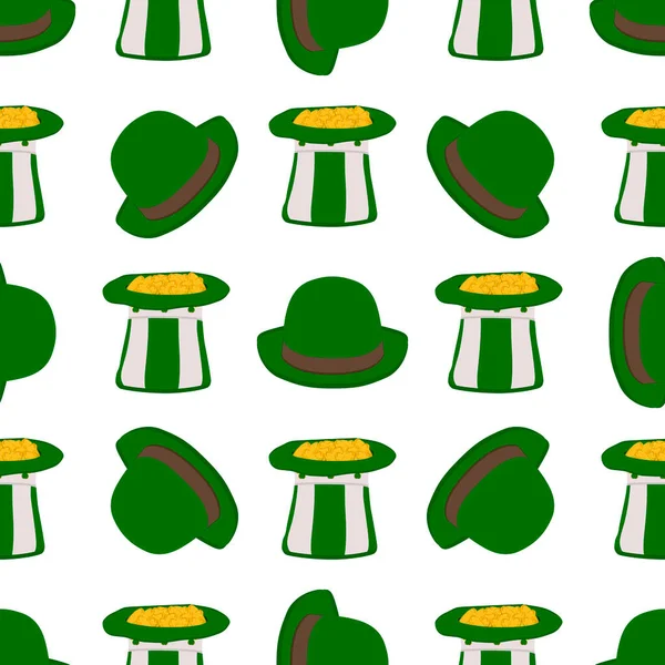 İrlanda bayramı temalı Aziz Patrick Günü 'nün tasviri, kusursuz başlıklı şapkalar. Beyaz arka planda pek çok benzer şapkadan oluşan Aziz Patrick Günü deseni. Aziz Patrick Günü 'nün ana aksesuarı..