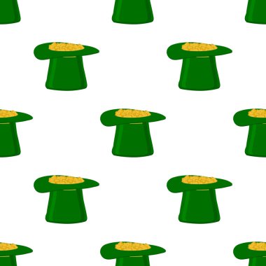 İrlanda bayramı temalı Aziz Patrick Günü 'nün tasviri, kusursuz başlıklı şapkalar. Beyaz arka planda pek çok benzer şapkadan oluşan Aziz Patrick Günü deseni. Aziz Patrick Günü 'nün ana aksesuarı..