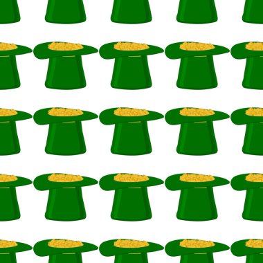 İrlanda bayramı temalı Aziz Patrick Günü 'nün tasviri, kusursuz başlıklı şapkalar. Beyaz arka planda pek çok benzer şapkadan oluşan Aziz Patrick Günü deseni. Aziz Patrick Günü 'nün ana aksesuarı..