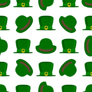 İrlanda bayramı temalı Aziz Patrick Günü 'nün tasviri, kusursuz başlıklı şapkalar. Beyaz arka planda pek çok benzer şapkadan oluşan Aziz Patrick Günü deseni. Aziz Patrick Günü 'nün ana aksesuarı..