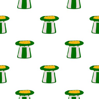 İrlanda bayramı temalı Aziz Patrick Günü 'nün tasviri, kusursuz başlıklı şapkalar. Beyaz arka planda pek çok benzer şapkadan oluşan Aziz Patrick Günü deseni. Aziz Patrick Günü 'nün ana aksesuarı..