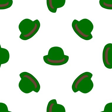 İrlanda bayramı temalı Aziz Patrick Günü 'nün tasviri, kusursuz başlıklı şapkalar. Beyaz arka planda pek çok benzer şapkadan oluşan Aziz Patrick Günü deseni. Aziz Patrick Günü 'nün ana aksesuarı..