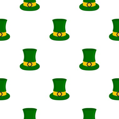 İrlanda bayramı temalı Aziz Patrick Günü 'nün tasviri, kusursuz başlıklı şapkalar. Beyaz arka planda pek çok benzer şapkadan oluşan Aziz Patrick Günü deseni. Aziz Patrick Günü 'nün ana aksesuarı..