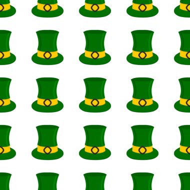 İrlanda bayramı temalı Aziz Patrick Günü 'nün tasviri, kusursuz başlıklı şapkalar. Beyaz arka planda pek çok benzer şapkadan oluşan Aziz Patrick Günü deseni. Aziz Patrick Günü 'nün ana aksesuarı..