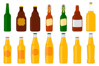 Bira fabrikası için kapaklı büyük bira şişeleri temalı bir resim. Beyaz arka planda birbirinin aynı cam şişelerden oluşan patern birası. Cam şişeler bira gurmesi için ana aksesuar..