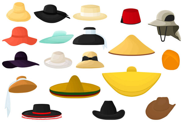 Illustration on theme big kit different types hats, beautiful caps in white background. Caps pattern consisting of collection various hats for wearing on head. Hats diverse design, caps for weather.