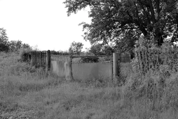 村の放棄された家から自然の背景に美しい古い門 家から村への古い門からなる写真 野生の自然の色の葉で古い門の村の家閉じる — ストック写真