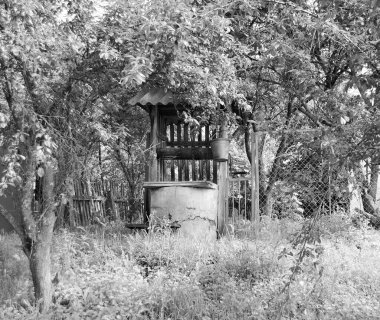 Temiz içme suyu için uzun zamandır dövülmüş demir kovayla eski bir kuyu çatısı olan eski bir fotoğrafçılık, büyük kovada temiz su, eski kuyudan gelen alüminyum kovada kaynak suyu.