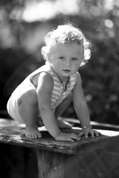 Krásný Chlapeček Dřevěné Dětské Lavičce Pózující Fotograf Pro Barevnou Fotografii — Stock fotografie