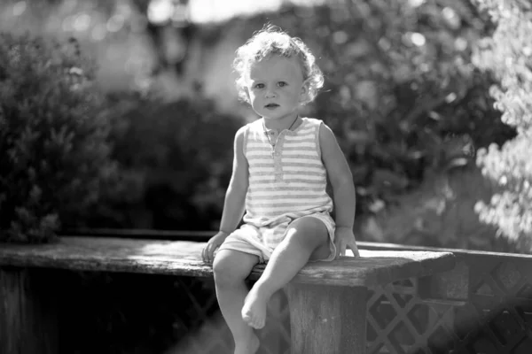 Vacker Pojke Trä Barn Bänk Poserar Fotograf För Färgfoto Kadre — Stockfoto