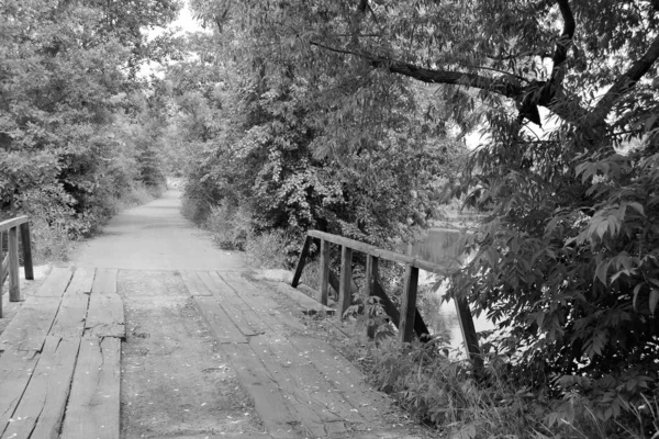 Beautifully Standing Old Wooden Bridge River Colored Background Close Photography — Stock Photo, Image