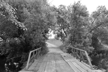 Renkli arka planda nehrin üzerinde güzel bir şekilde duran ahşap köprü. Nehrin yukarısındaki eski ahşap köprü. Doğal park için nehirde eski ahşap köprü.