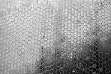 Altın nektarla dolu altıgen bal peteklerinden arı damlayan bal damlası, bal peteği yaz kompozisyonu doğal bal damlası, balmumu çerçeve arısına damlayan bal damlası, bal peteğine damlayan bal damlası