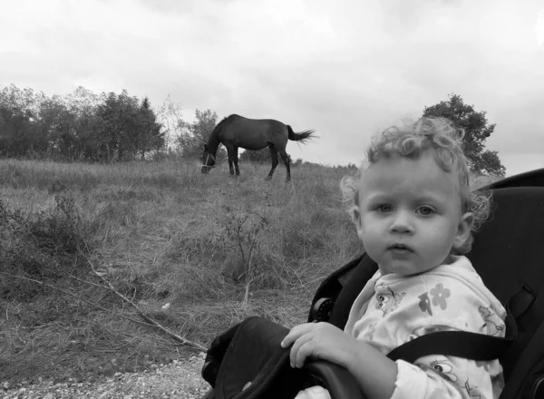 Hermoso Bebé Niño Con Cara Niño Posando Fotógrafo Para Foto —  Fotos de Stock