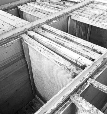 Kanatlı arı yavaşça uçar ve canlı çiçeklerden özel arı kovanına nektar toplar. Arı kovanından, arı kovanından, arı bacağındaki çiçek tozundan, arılara yakın planda arı kovanından oluşan arı kovanından.