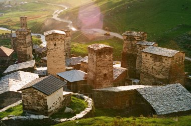 Gürcistan 'daki svaneti kuleleri, 35 mm analog film fotoğrafı, Ushguli