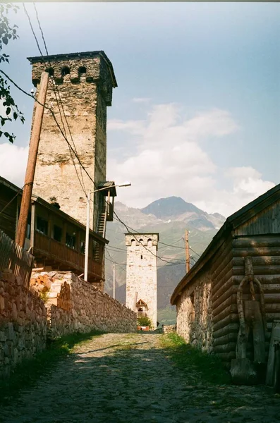 Wieże Svaneti Gruzji Zdjęcie Filmu Analogowego Georgia Mestia — Zdjęcie stockowe