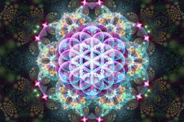 Güzel mandala. Soyut fraktal desenler ve şekiller. Sonsuz evren. Gizemli psikedelik rahatlama kalıbı. Dinamik akışkan doğal formlar. Kutsal geometri.