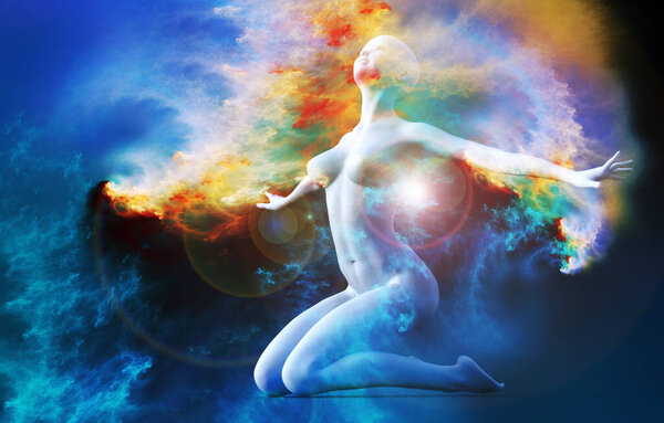 Женщина в позе эмбриона на фоне вселенной. 3D иллюстрация. Мистическое путешествие по огромной вселенной.