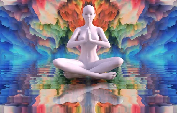 曼荼羅の背景に蓮の花の位置の少女のシルエット トランス状態と深い瞑想 宇宙の精神的な旅 3Dイラスト — ストック写真