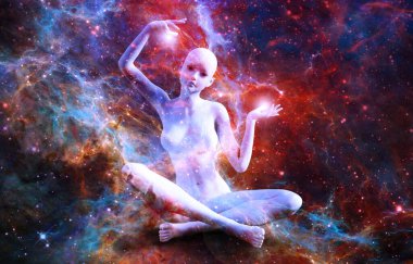 Lotus pozisyonunda bir kızın silueti fraktal evrenin arka planında. Trans hali ve derin meditasyon. Evrende ruhani bir yolculuk. 3B illüstrasyonlar.