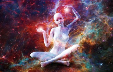 Lotus pozisyonunda bir kızın silueti fraktal evrenin arka planında. Trans hali ve derin meditasyon. Evrende ruhani bir yolculuk. 3B illüstrasyonlar.
