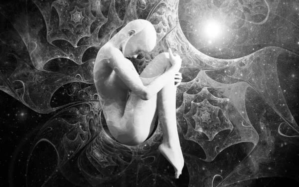 宇宙を背景に胎児の位置にいる女性 3Dイラスト 広大な宇宙を巡る神秘的な旅 — ストック写真