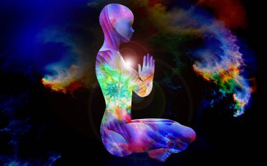 Lotus pozisyonunda bir kızın silueti fraktal evrenin arka planında. Trans hali ve derin meditasyon. Evrende ruhani bir yolculuk. 3B illüstrasyonlar.