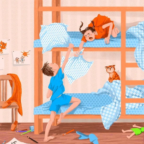 Kleine Kinder Haben Eine Kissenschlacht Schlafzimmer Verstreutes Spielzeug Und Zeichnungen — Stockfoto